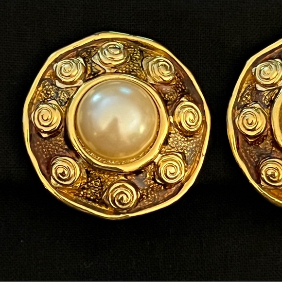Gold Tone and Faux Pearl Earrings - Picture 2 of 9